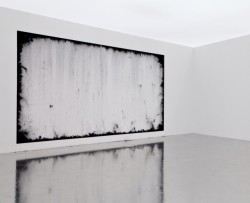 vjeranski:  Harold AncartThe higher powers command, 2014Mixed media, ‘in situ’ (black pigment, reflective adhesive floor, bench, airplane blanket),