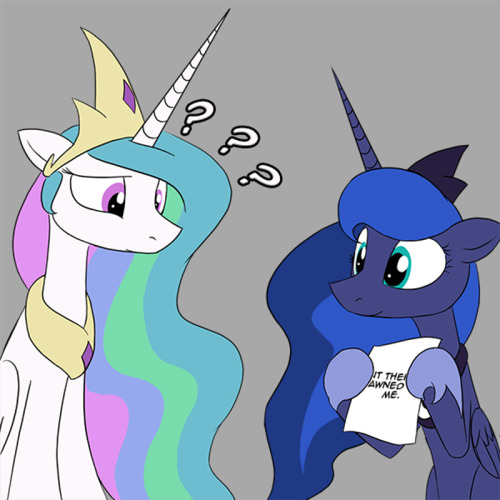 askpun:  I try to help the princess of the night catch up on the humor of today. Her delivery still leaves much to be desired. Artwork by LoCeriScript #497  D'aww, Luna you so adorbs :3