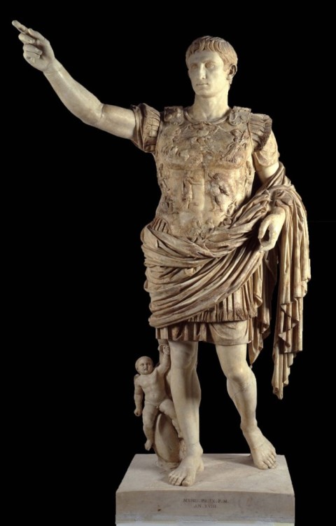 worldhistoryfacts:Augustus of Prima Porta, with a closeup of Augustus’ breastplate, 20 BCE. In