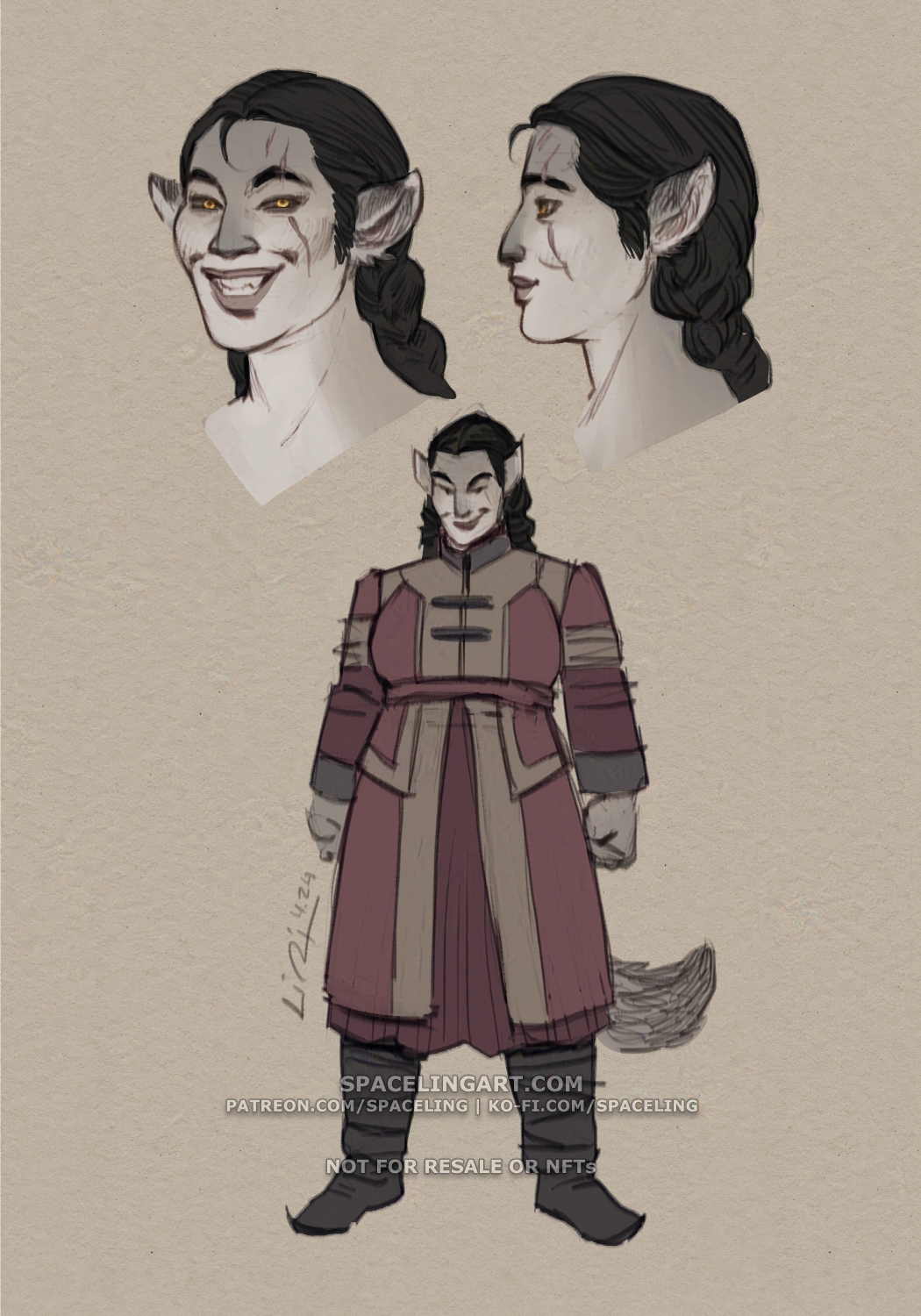 Concept sketches of a wolf-like woman. There are two portraits side by side: one in 3/4 view and another from the side. She is a woman of sturdy build with a friendly, smiling face. Her dark hair is arranged in two thick braids that hang behind. She has wolf ears and some patterning on her skin in grey. Her eyes are bright and amber in colour. Underneath the portraits is the same woman in a powerful stance and wearing a Mongol deel in warm earth tones.