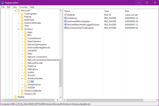 darkryev:  vaugus:  darkryev:  My favorite Windows 10 feature is when it restarts when you’re afk and you haven’t saved your work or those Sai brushes you just made.    Fuck Windows Update.  Here are the registry keys to fix it. Open regedit.exe