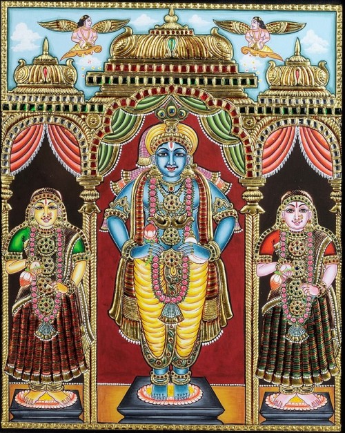 Krishna, Rukmini and Satyabhama, Tanjore painting.