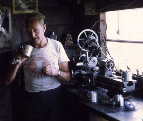 machinistlife: The Fastest Indian. This photograph Burt Munro’s in his shop garage with a Myfo
