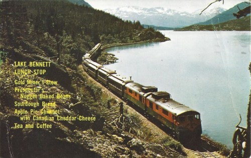 Postcard: The White Pass &amp; Yukon Railway Skirts the Shores of Historic Lake Bennett with Menu fo