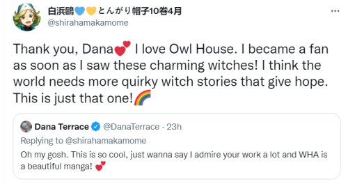 ot3:truly obsessed with this twitter interaction between the witch hat atelier mangaka and the owl h