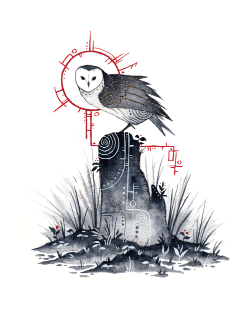 kamccafferty:Scréachóg reilige (barn owl, ‘graveyard screecher’)watercolor, gouache, gold leaf, 5x7″