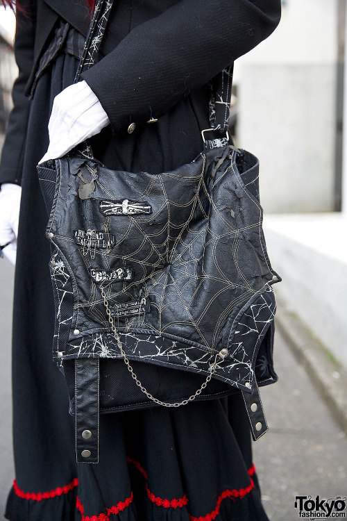 tokyo-fashion:20-year-old Ruru on the street in Harajuku wearing a handmade gothic jacket and handma