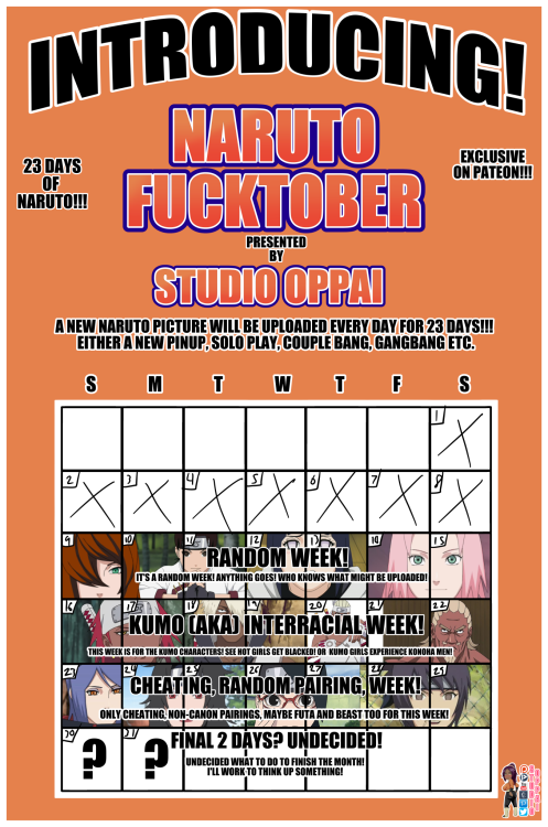 Tadaa! I said I had something awesome planned! Here it is! NARUTO FUCKTOBER! 23 days of naruto pics!