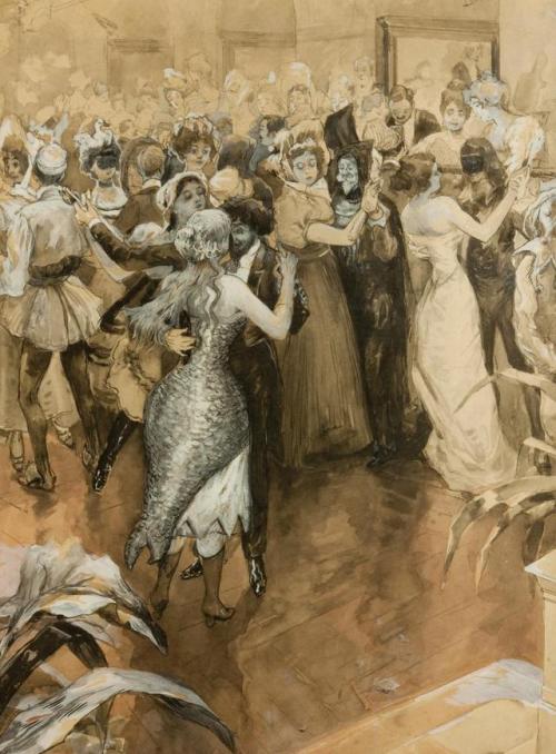 Masked Ball    -    Otakar Lebeda, 1901.Czech,1877-1901Mixed media on paper, 40 x 30 cm.