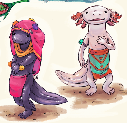 fuzzyilluminati:myqueerorimage:c-rowlesdraws:some friendly axolotl people. They eat bland, soft food