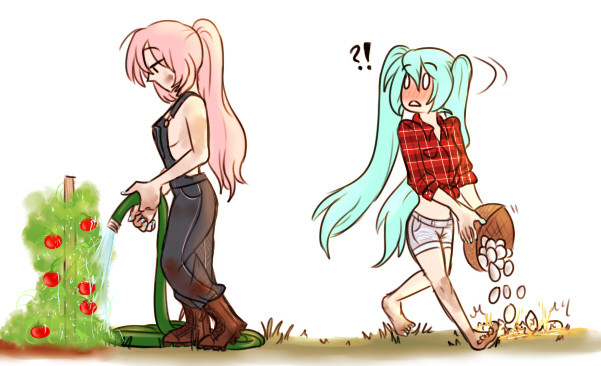 dashingicecream:  Miku is the farmer’s daughter Luka is the new hired help no one