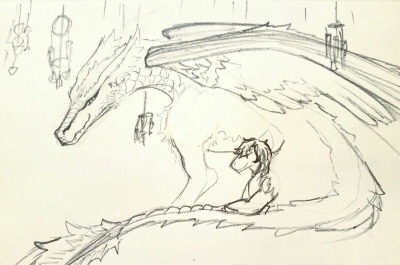 sharkosupreme:A sketch of Riley with a big dorky dragon by @vorpalfork !! I love
