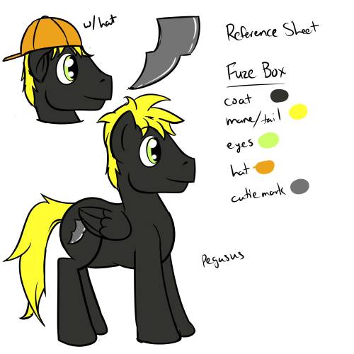 Quick reference sheet for Fuze Box. He hasn’t changed all that much since the last time I did a ref pic.  Coat’s not quite as black, more of a dark gray.  Still has the long tail, the mane is a bit less 80’s rock star, he wears an