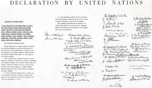 The Declarations by the United Nations in January 1942, signed by Franklin Roosevelt, Winston Church