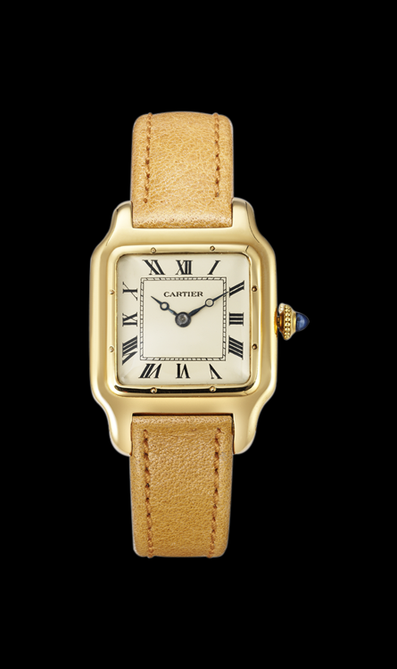 Santos Dumont Wristwatch, 1912. Gold, one sapphire cabochon, leather strap. Tank wristwatch, 1920. P