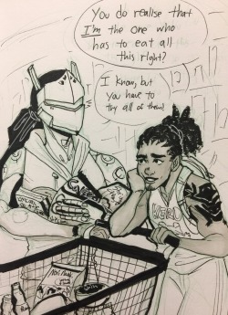 strawbearrymilk:  When you cant eat you live vicariously through other people   @duvallon ’s prompt was grocery shopping, its all junk food inside their shopping cart tho… 