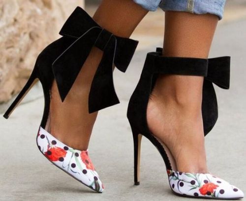 hottest-shoes:Mixed Colors Flowers Leather Women Point Toe Pumps Elegant Black Velvet Ankle Bow Ladi