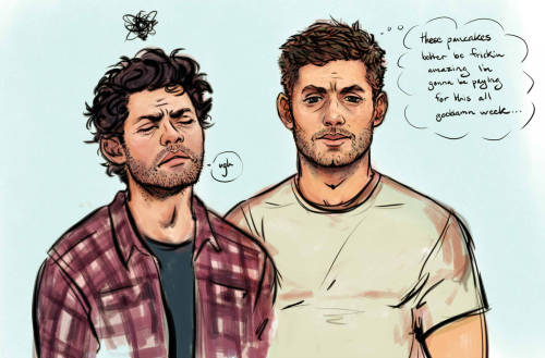 stonelions:sam made them get up early to go to busy hipster brunch #destiel fanart#supernatural#spn