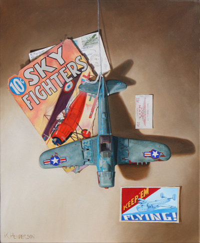 Air Mail, 24 x 20, oil on cradled board
This is another painting in my Flight series. I have a fondness for well played with vintage toys. This airplane has almost all of the paint worn off as well as a missing propeller.
The Trompe L'Oeil painting...