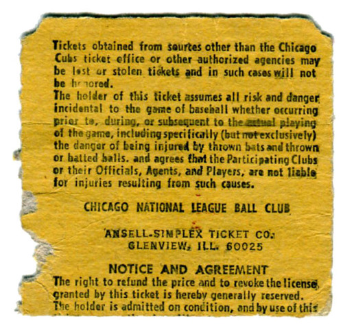 As another baseball season begins I bring you this old Chicago Cubs ticket stub. Oddly, there is no 