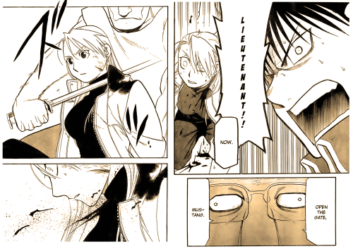 justroyai:  I think Mustang was willing to open the gate at that point. He was ready to throw away everything he worked so hard for.. to save the Lieutenant. And that Gold-Tooth Doctor knew that he was tugging real hard at Roy Mustang’s heartstrings.