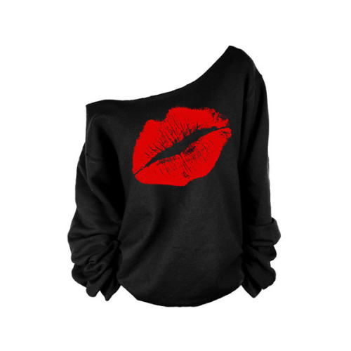 Rotita Red Lip Print Black Long Sleeve Sweats ❤ liked on Polyvore (see more red sweatshirts)