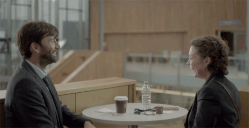 mizgnomer: David Tennant and Olivia Colman - Laughing while filming Series 2 of Broadchurch Behind t