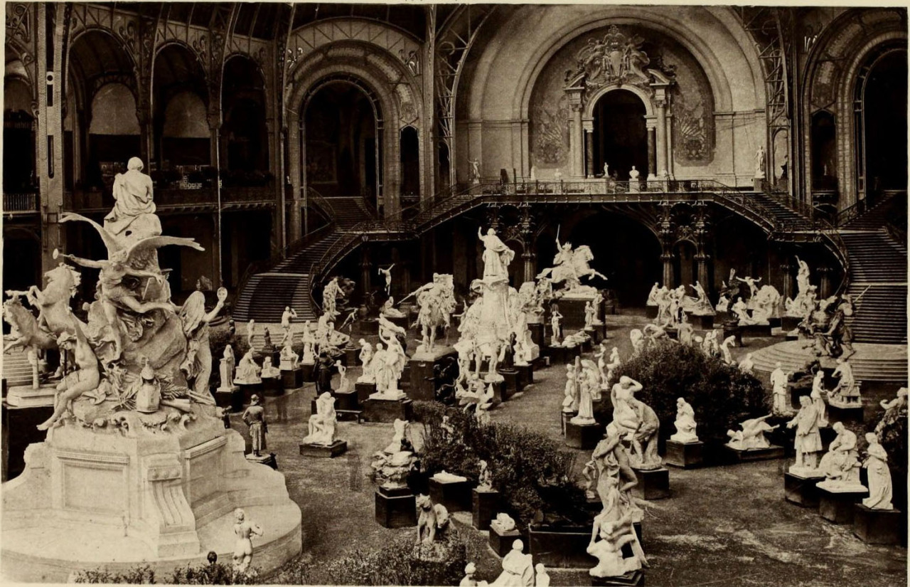 Inside the Grand Palais during the sculpture exhibit of the Exposition Universelle of 1900, Paris