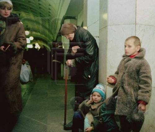 Starving and homeless children in Russia in the 1990s, who often became victims of substance abuse, 