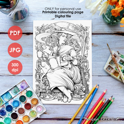 WITCH COLOURING PAGE - Printable Coloring Page Adults and Children, Art Nouveau Lineart, Halloween w