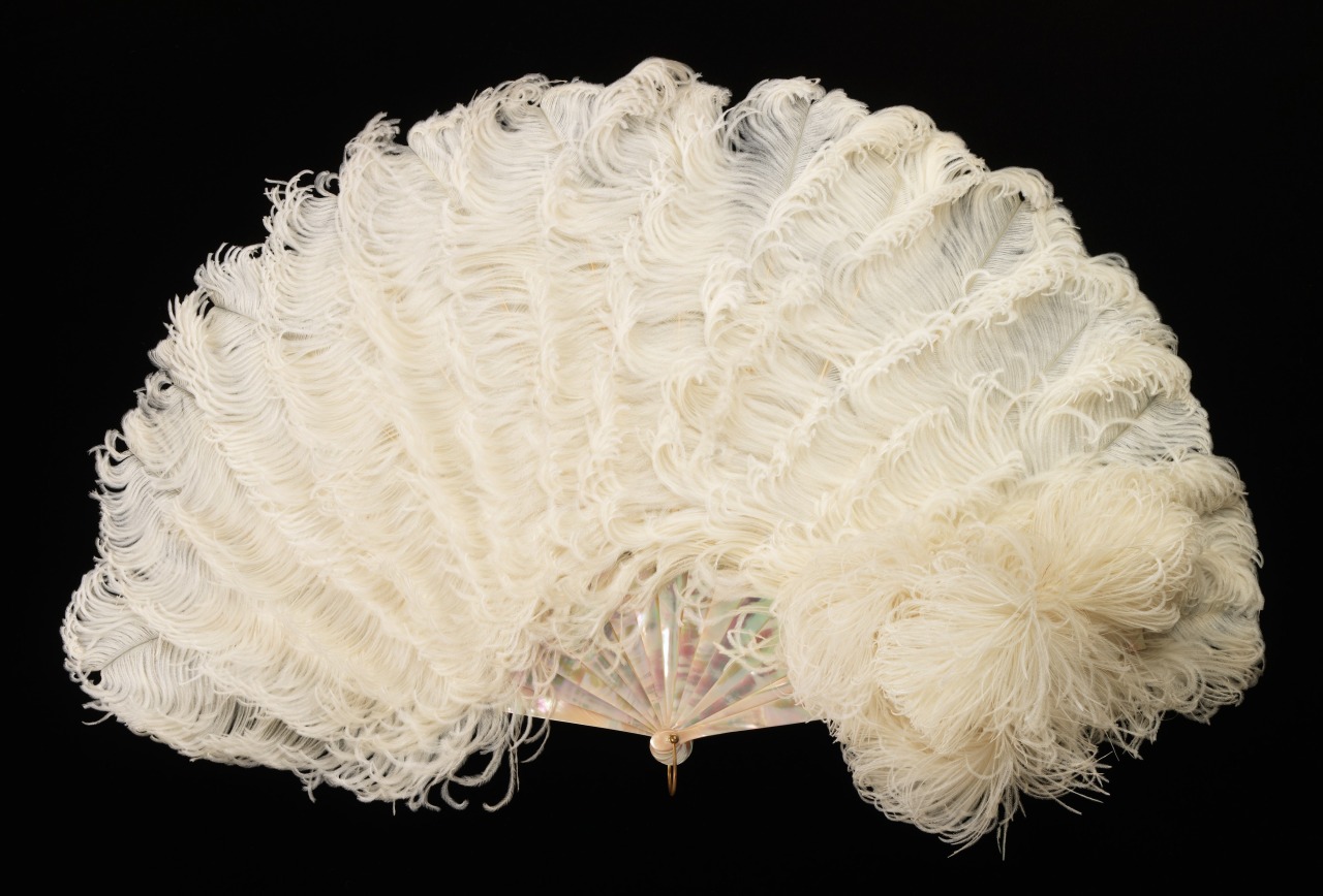 thevintagethimble:  Fan 1900–1910, French, mother-of-pearl, feather &amp; metal.