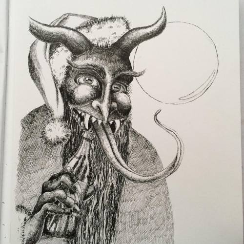 Have to color it and do some touch up but the #inking bit is done on this #krampus!#krampusart #ar