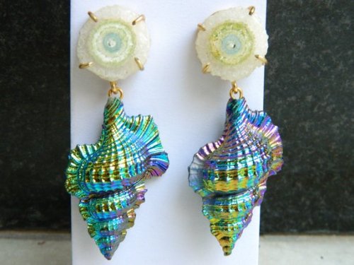 Titanium coated shell with Pearl Earrings by  RFGemsNjewels