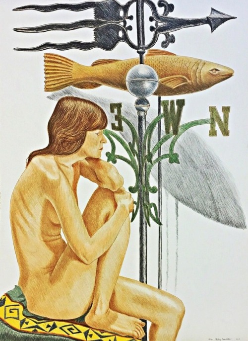 terminusantequem:Philip Pearlstein (American, b. 1924), NUDE (DESIREE) WITH FISH, BANNER AND WEATHER