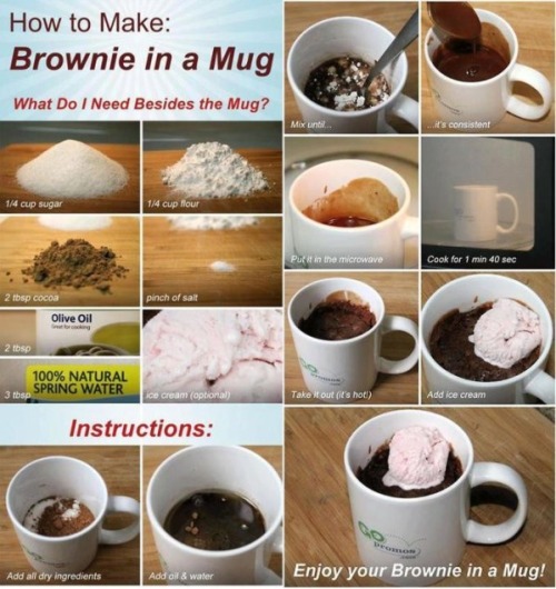 lerahyldahl:How to Keep Ice Cream From Turning Hard in the Freezer# 7 2 Minute BrownieCraving something sweet? Make a brownie in a mug! Combine ¼ cup sugar, ¼ cup flour, 2 tbsp coca, pinch of salt, 2 tbsp olive oil, 3 tbsp water. Microwave