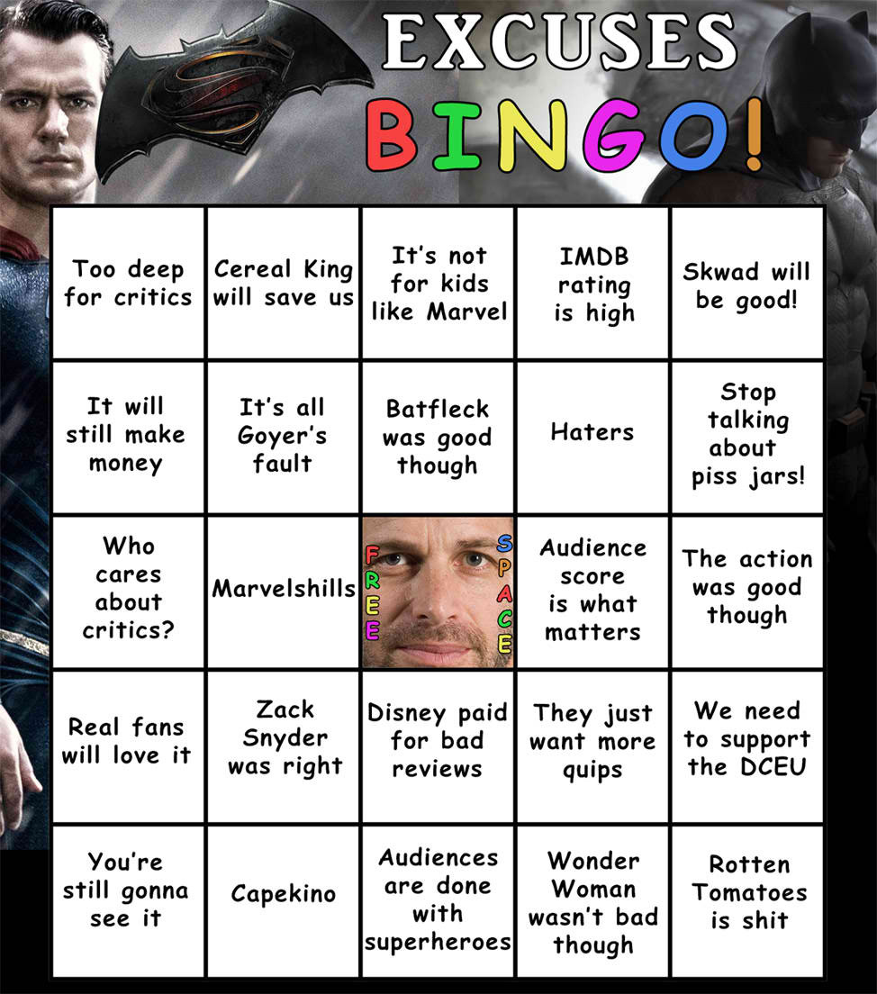 BvS: Dawn of Justice Excuses Bingo!Better hurry, everyone! Snyder and Cavill have