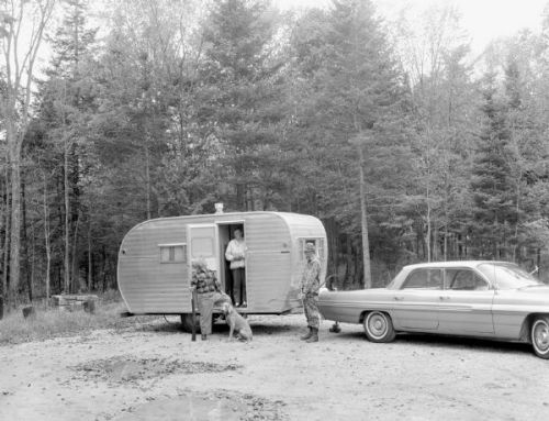 vintagecamping:  Two men, a woman, and a dog at a trailer in Hiawatha National Forest.Michigan, 1960