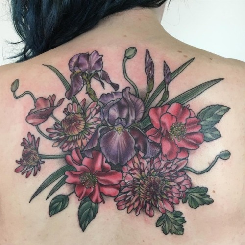 Iris camellia poppy chrysanthemum #backtattoo #botanicaltattoo #botanicaltattooartist #iristattoo #p