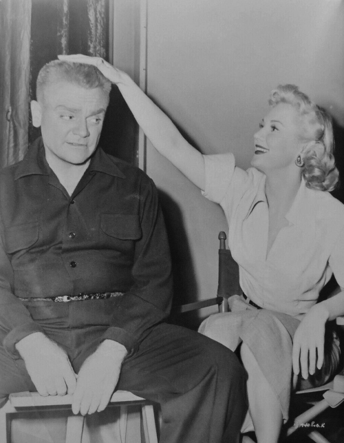 James Cagney and Virginia Mayo on the set of The West Point Story, 1950