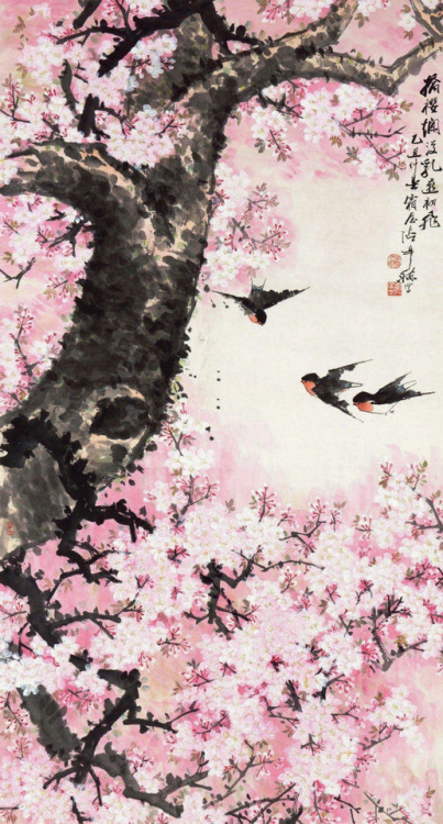 changan-moon:Spring blossom and swallow by 张辛稼 Zhang Xinjia