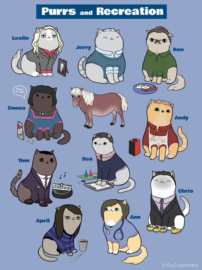 spooky-scary-feminist:  kittycassandra:  Prints available here: https://www.etsy.com/listing/216158571/parks-recreation-cats-9x12in-print
