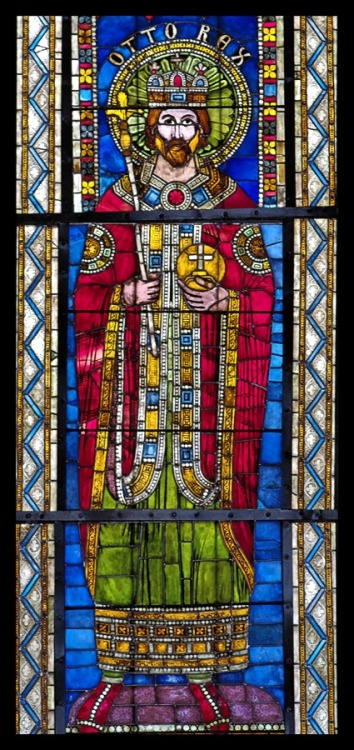 Romanesque stained glass depictions of Holy Roman Emperors in the Cathedral of Our Lady of Strasbour