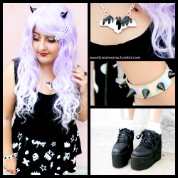 sweetcreamomo:  Creepy cute cord ♥Holo bracelet - holymurasakiMelty bat - meltymeltyhoneyWig - lockshopwigsShoes - c.t.t.c.others - taobao 