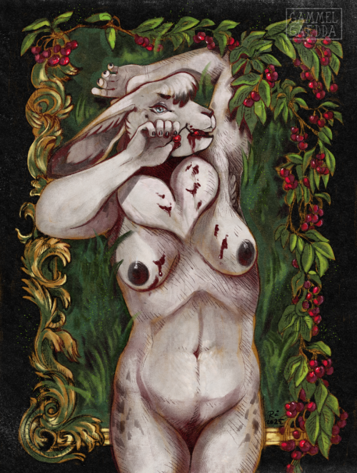 Digital painting of a furry hare. She's got white fur with grey speckles, a heart shaped dewlap and she is eating cherries with the juice dripping down her white fur. In the background is a gilded frame and cherries growing on a branch.