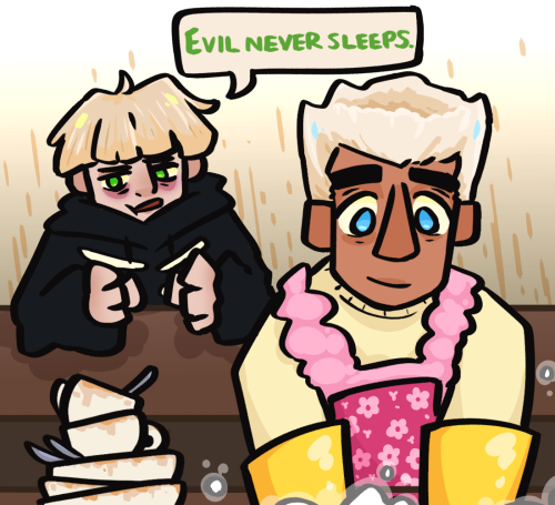 a drawing of Zane and Lloyd from Ninjago, Zane is washing dishes in the sink while Lloyd, who is young, is saying 'Evil never sleeps'