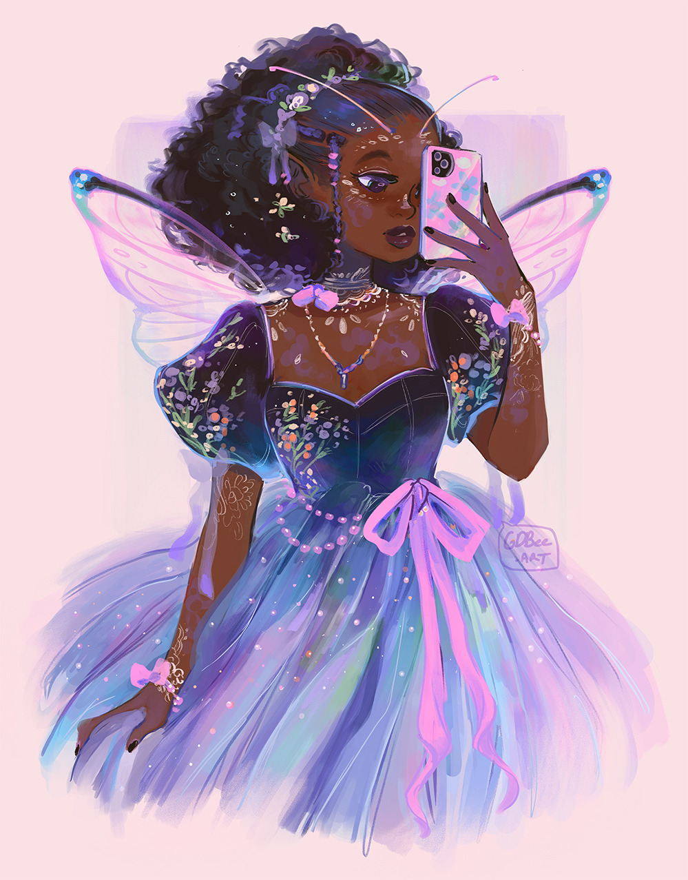 Illustration of a fairy holding her dress and taking a selfie. She is looking at her pink phone. Her skin is dotted purple with some light colored tattoos. Her hair is slicked back into a bun with one braid. The dress has dark sleeves with a light ombre towards the bottom, and dotted with floral appliques and pearls. Her wings are pink and dark blue. Painted in photoshop, 2024, gdbee