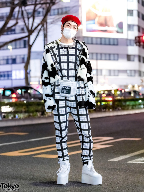 Kenta on the street in Harajuku wearing a monochrome style with a matching top and pants by 99%IS-, 