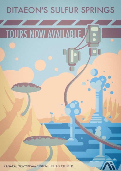 legionofpotatoes: Mass Effect Andromeda - Golden Worlds Full set. This was an idea I have been obsessed with ever since finishing the game; loving space age travel art as much as I do, I couldn’t help but wonder about the Initiative’s tourism advertising