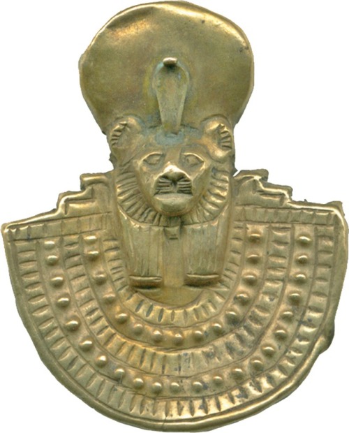 Ancient Egyptian embossed silver usekh (”aegis”) with the head of a lioness, perhaps representing th
