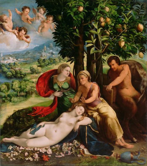 Dosso Dossi (about 1490-1542), Mythological Scene (Allegory of Pan), about 1524; oil on canvas, 164 x 145 cm; J. Paul Getty Museum, Los AngelesThe questions concerning the meaning of the painting have given rise to many theories among scholars, who tried